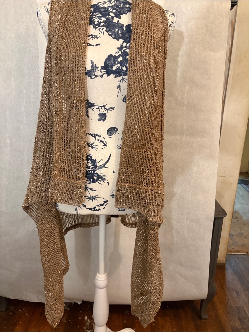 Metallic Open-Knit Draped Vest in Gold